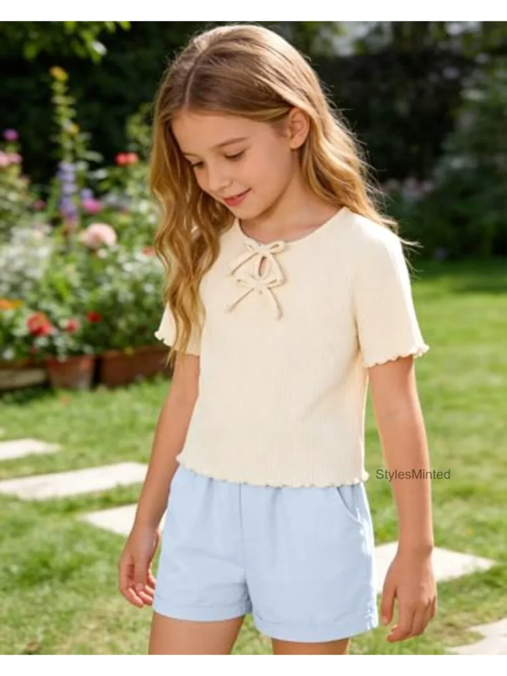 Girls 2-Piece Outfit Ribbed Top Denim Shorts Set Bows Summer